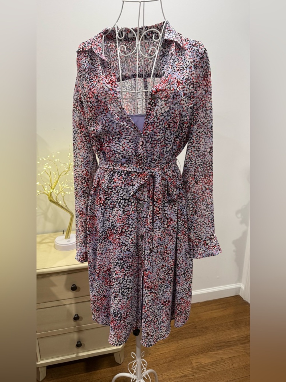 DKNYC Long-Sleeve Tie-Waist Shirt Dress in Pink, Purple & Black